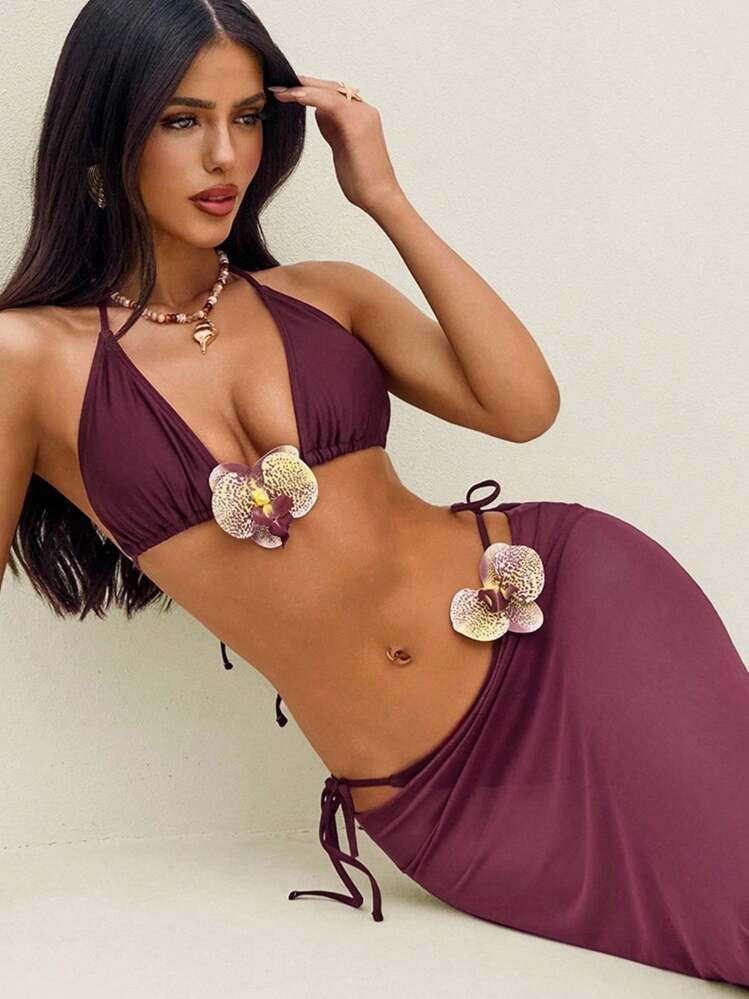 Swim Glamine Women Summer Beach 3D Floral Decor Halter Tie Sexy Bikini Swimwear Set With Shawl & Mini Skirt | SHEIN