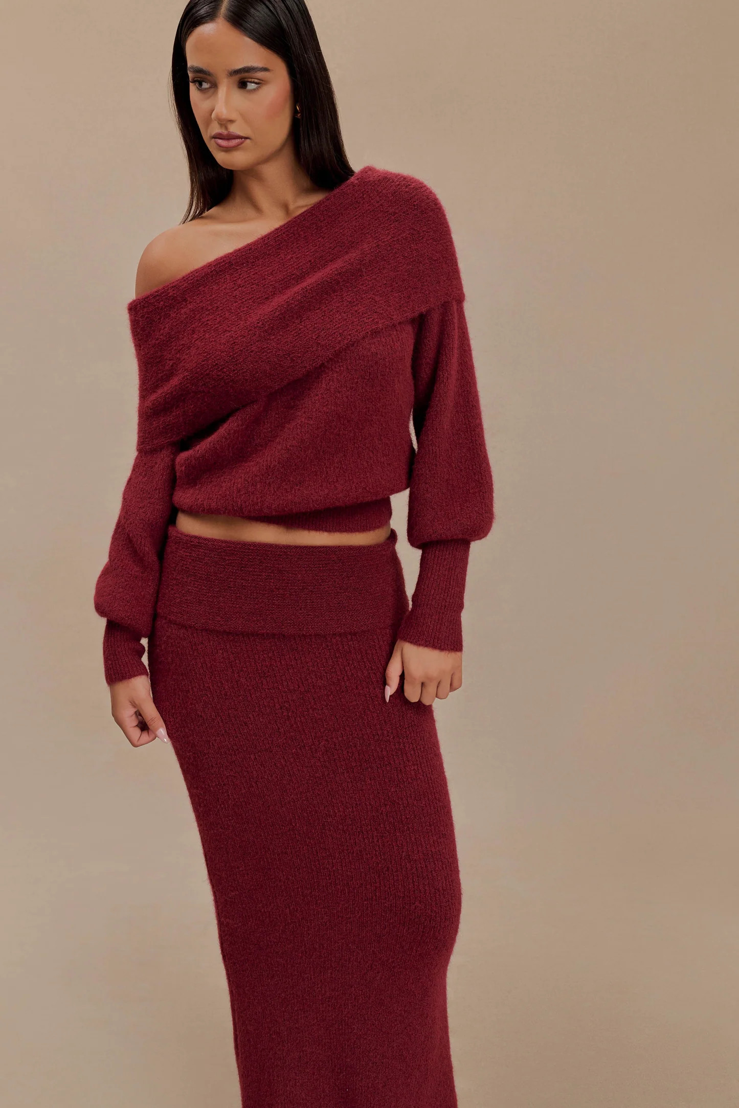 Charlotte Off Shoulder Knit Long Sleeve Top - Merlot | MESHKI US