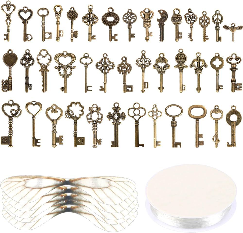 Set of 40 Flying Keys Charms, 40PCS Dragonfly Wings 40 DIY Vintage Skeleton Key and Elastic Cryst... | Amazon (US)
