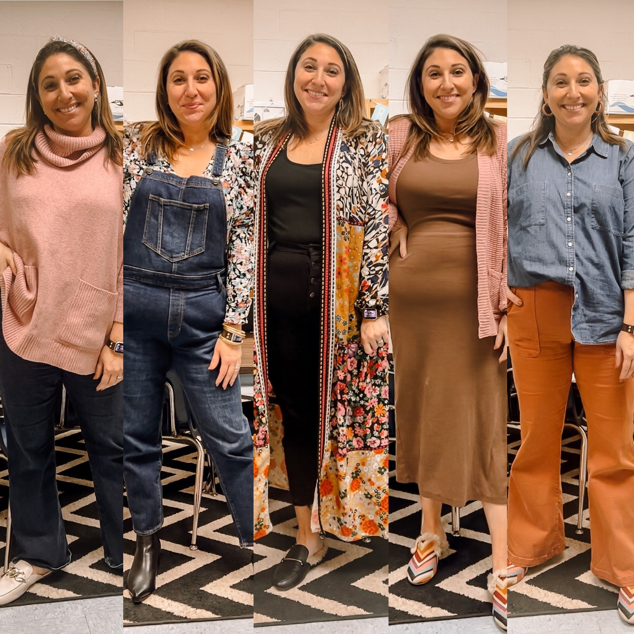 Teacher ootd roundup (sizes in order left to right) 
Sweater L / flares 14 / floral top L / overalls 16 / tee L / jeans 14 / kimono / dress L / cardigan L / chambray XL / pants 14 / all slides tts / boots half size up

#LTKstyletip #LTKworkwear #LTKshoecrush