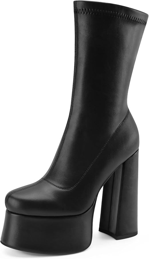 Platform GoGo Ankle Boots for Women Chunky Block High Heeled Round Fashion Zipper Leather Mid Cal... | Amazon (US)