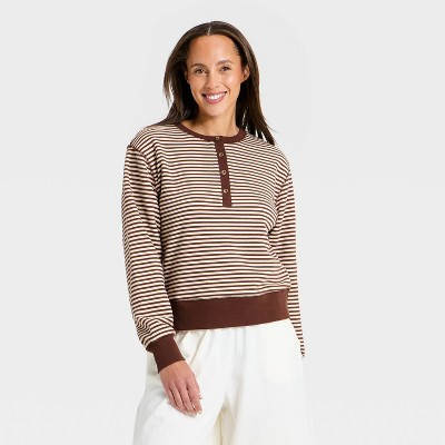 Women's Long Sleeve Henley Shirt - Universal Thread™ Multistriped S | Target