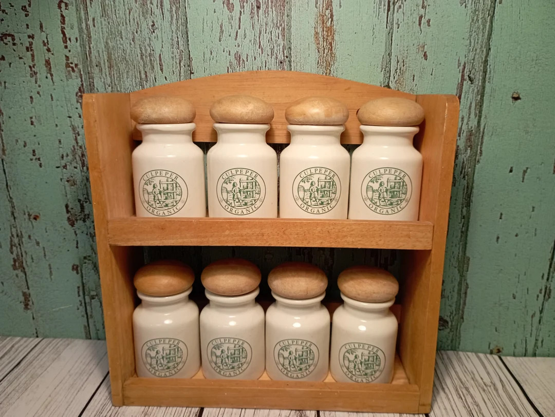 Vintage Culpeper Organic Apothecary Spice and Herb Ceramic Jars on Wooden Stand Kitchen Cooking -... | Etsy (US)