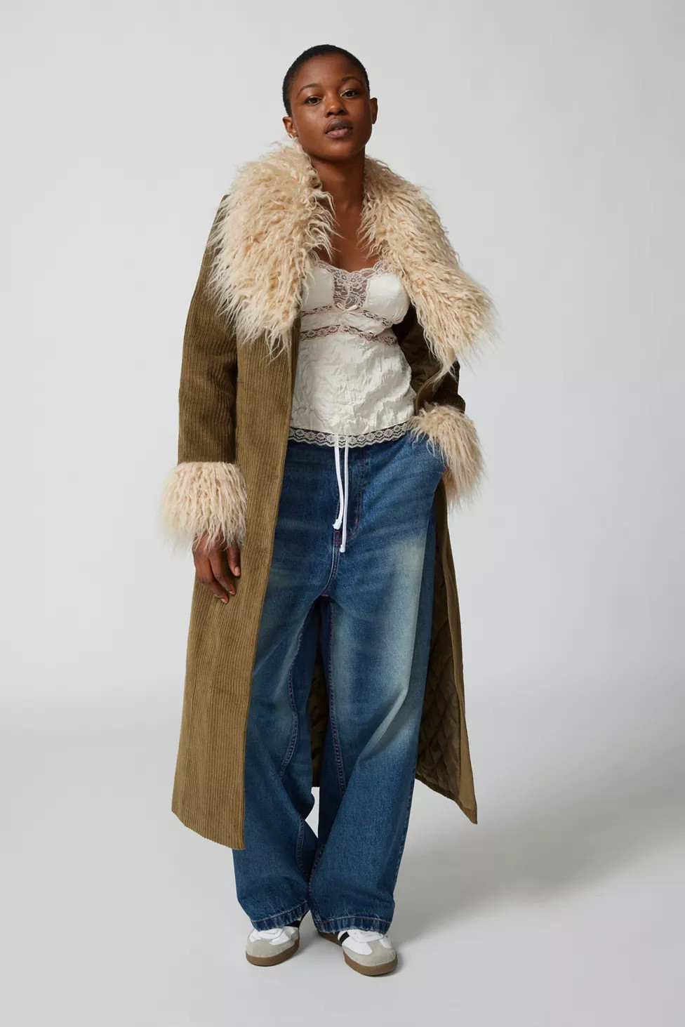 UO Tasha Faux Fur Corduroy Longline Coat | Urban Outfitters (US and RoW)
