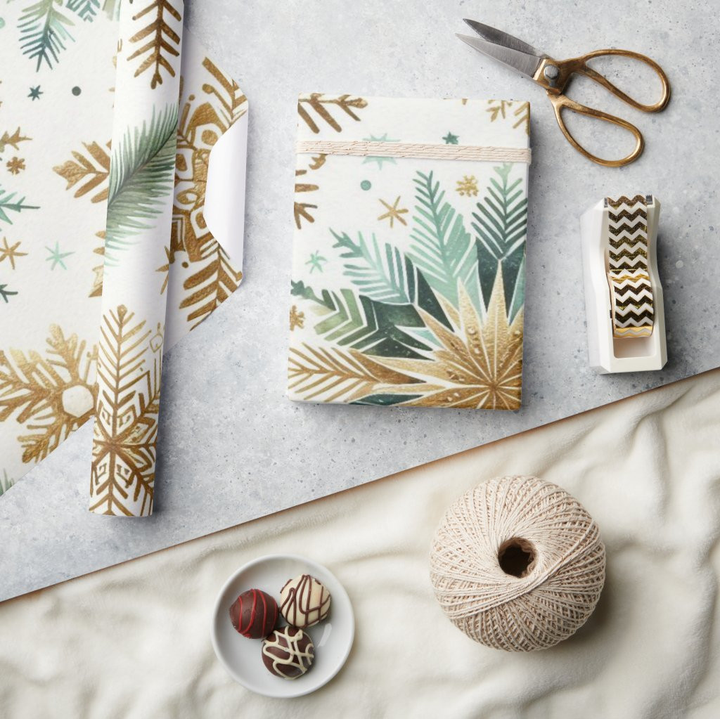 Green Gold Snowflake Holiday Luxury Watercolor Wrapping Paper | Zazzle