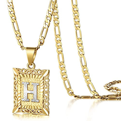 KissYan Initial Letter Pendant Necklace for Mens Womens, 14K Gold Plated Square Capital Monogram Necklace Alhpabets from A-Z Figaro Chain Necklace(Hollow White Letter H) | Amazon (US)