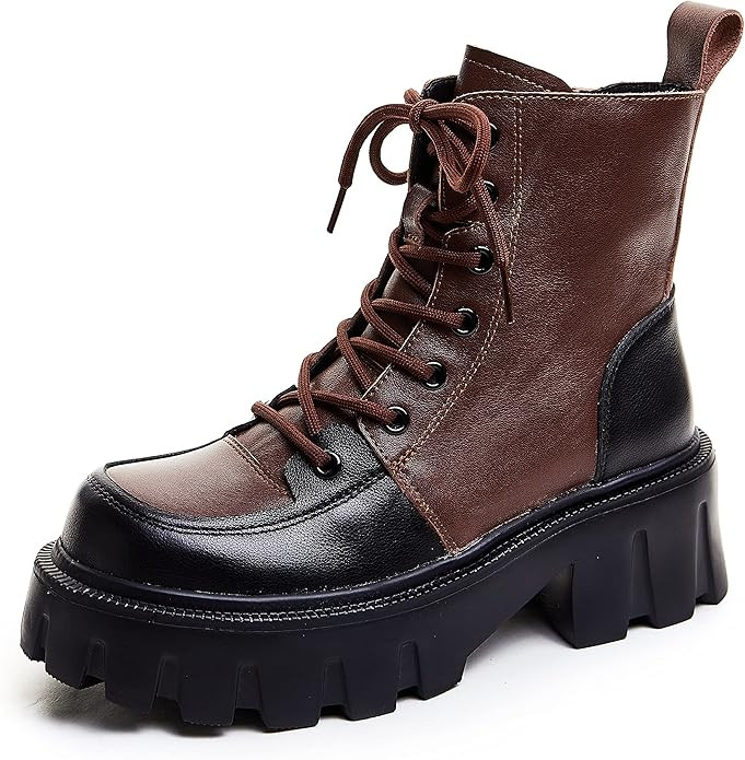 Women's Multicolor Leather Boots Lace Up Combat Ankle Boots for Women | Amazon (US)