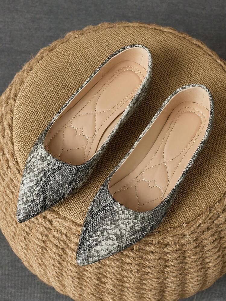 Women's Pointed Toe Flat Slip-On Snake Skin Casual Loafers, Deep Gray, For Spring, Summer & Fall | SHEIN