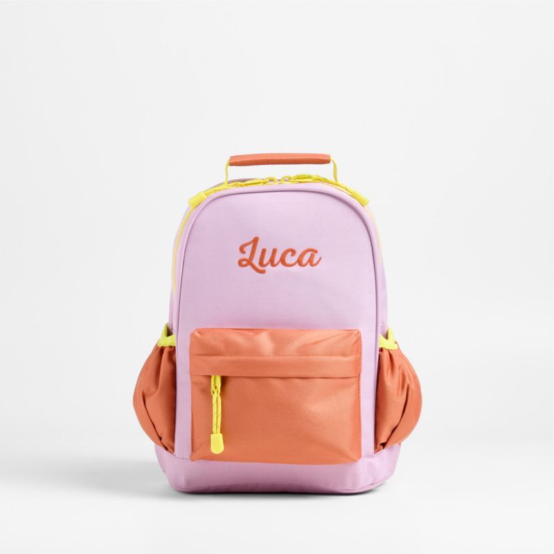 Colorblock Purple and Orange Small Kids Backpack with Side Pockets + Reviews | Crate & Kids | Crate & Barrel