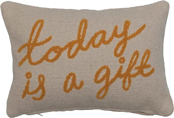 Creative Co-Op Embroidered Cotton Lumbar Today is A Gift in Script Pillow, Cream & Mustard | Amazon (US)
