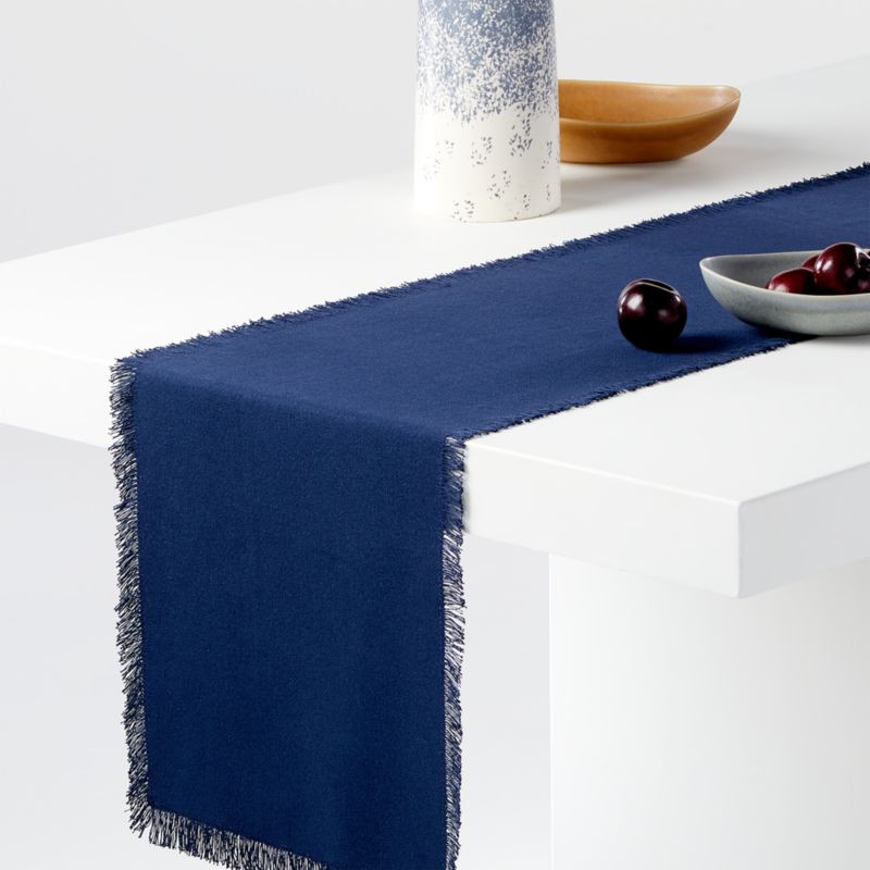 Craft 90-Inch Fringed Deep Indigo Cotton Table Runner + Reviews | Crate & Barrel | Crate & Barrel