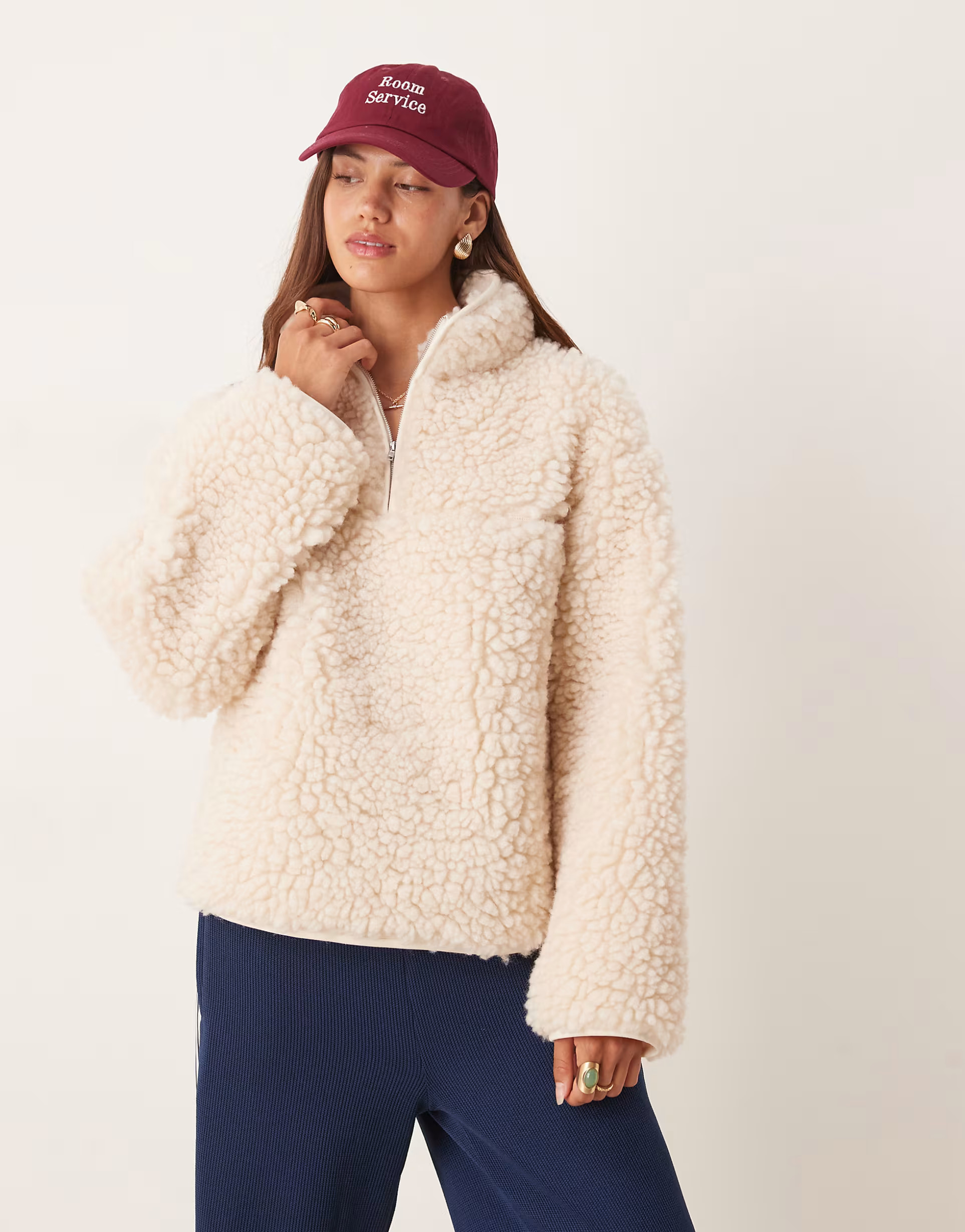 ASOS DESIGN high pile borg half zip fleece in cream | ASOS | ASOS (Global)