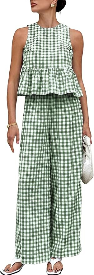 Tanming Women's 2 Piece Set Outfits Gingham Plaid Tank Tops Wide Leg Pants Matching Lounge Sets | Amazon (US)