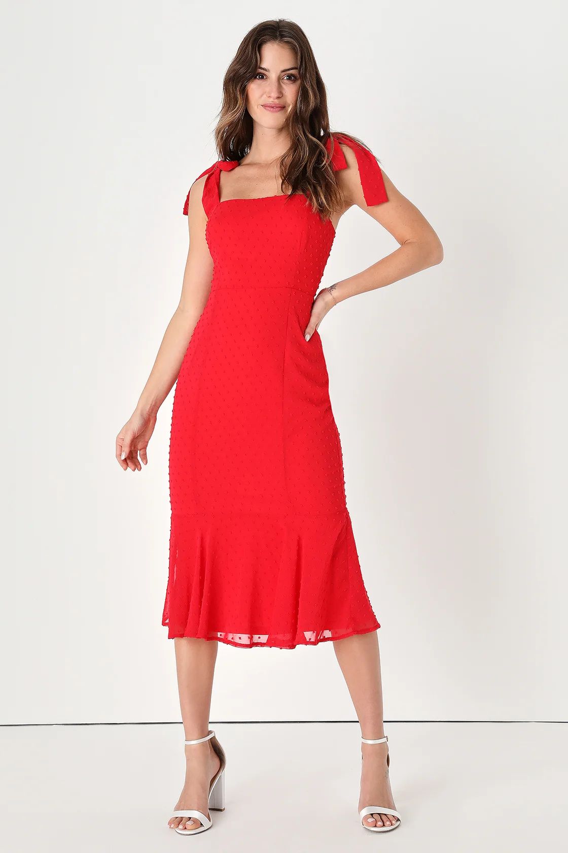 Bimini Bright Red Swiss Dot Tie-Strap Midi Dress | Lulus (US)