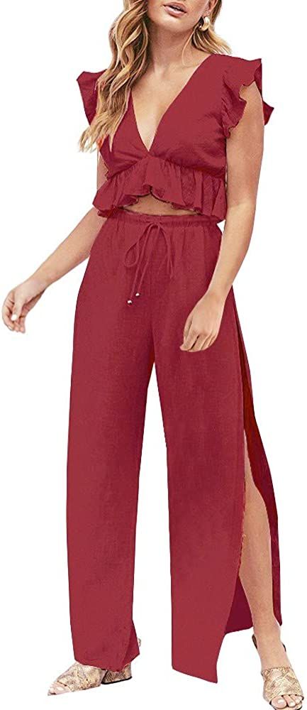 FANCYINN Womens 2 Pieces Outfits Deep V Neck Crop Top Side Slit Drawstring Wide Leg Pants Set Jumpsu | Amazon (US)