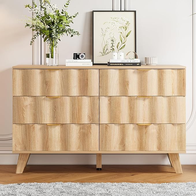 6 Drawer Dresser, Modern Fluted Chest of Drawers with Metal Handles, Wood Storage Drawer Organize... | Amazon (US)