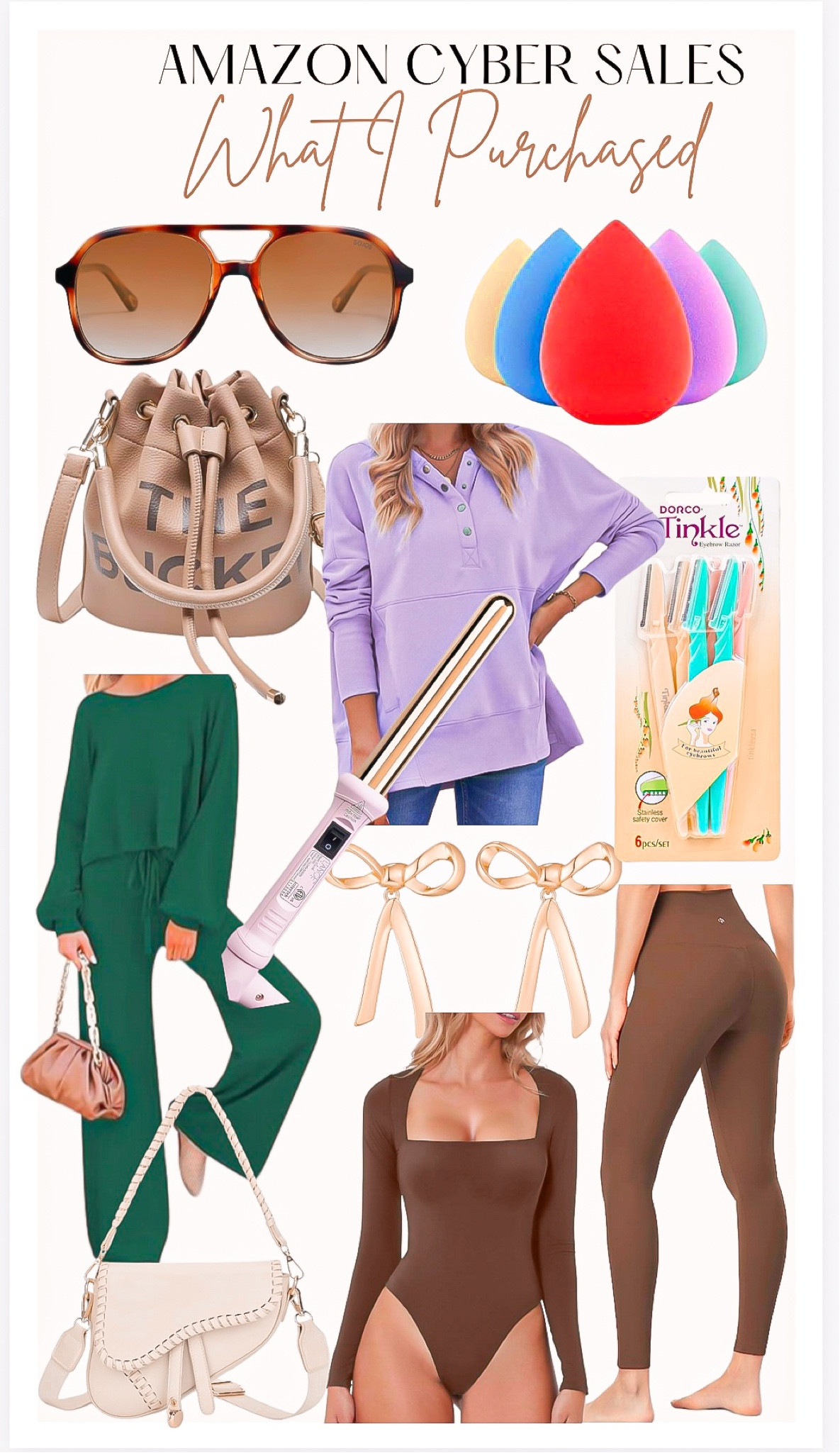 Amazon cyber deals 
WHAT I PURCHASED 🛍️

Gifts for her, gift ideas, amazon finds, Amazon must haves, stocking stuffers, sunglasses, beauty sponges, bucket bag, crossbody bag, purple sweatshirt, tinkle razor, green two piece set, lounge set, bow earrings, Lange , Lange curling iron, brown leggings , brown bodysuit, white crossbody bag, Amazon cyber deals 

#LTKCyberWeek #LTKfindsunder50 #LTKGiftGuide