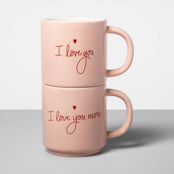 16oz 2pk Stoneware I Love You and I Love You More Mug Set Coral - Opalhouse™ | Target