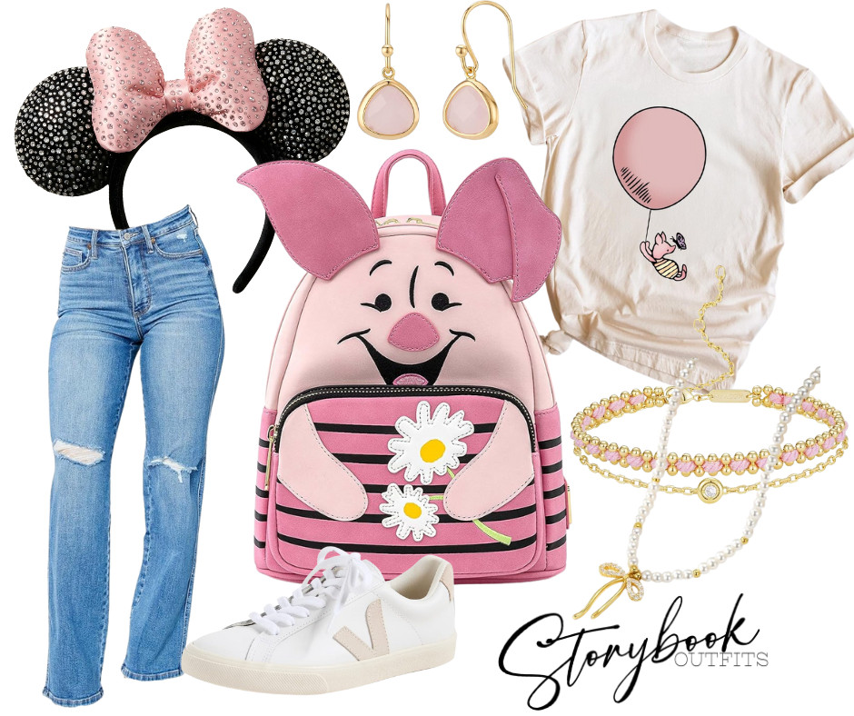 This soft and whimsical Piglet-inspired outfit is perfect for a magical Disney day! A cozy neutral graphic tee featuring Piglet pairs effortlessly with light-wash jeans for an easy, comfortable look. The pink Piglet Loungefly backpack adds the cutest character touch, while blush Minnie ears bring in just the right amount of sparkle. Finished with comfy white sneakers and delicate pink-and-gold jewelry, this outfit is sweet, feminine, and perfect for strolling the parks in style! 

 #LTKTravel