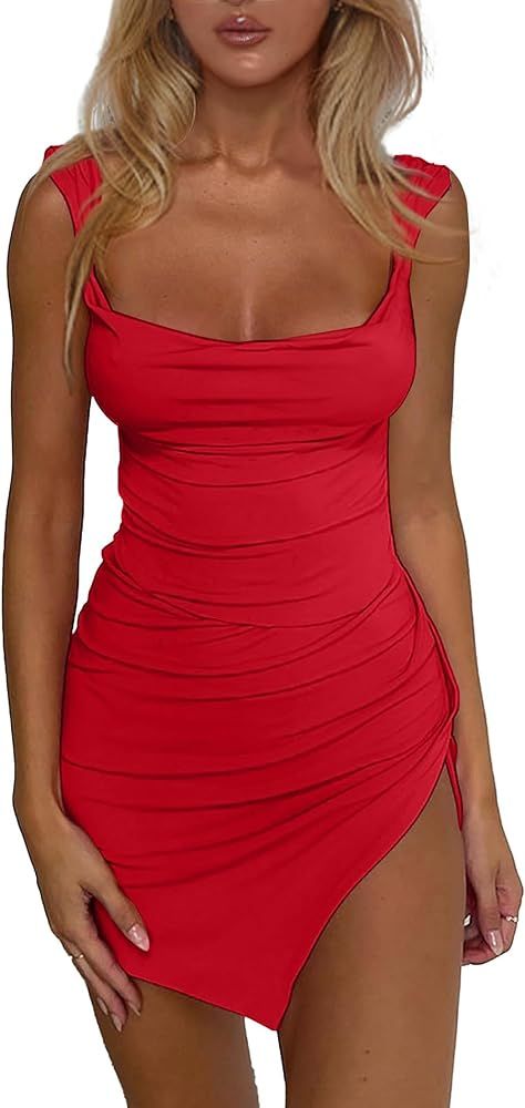 Women's Summer Square Neck Low Back Dress Split Hem Ruched Bodycon Mini Short Dresses Backless Su... | Amazon (US)