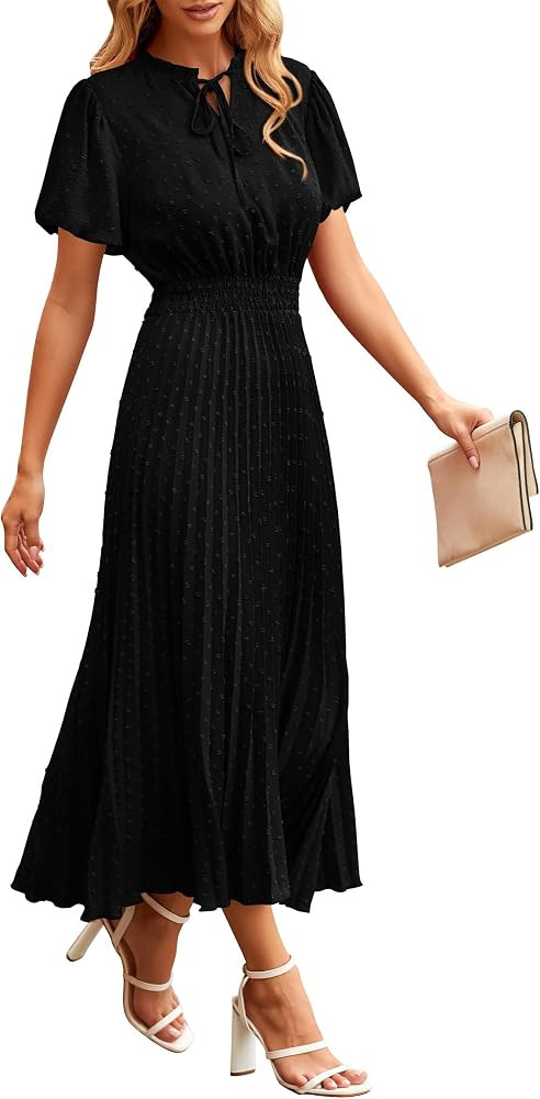 PRETTYGARDEN Womens Summer Midi Dresses Puff Short Sleeve V Neck Swiss Dot Pleated A Line Flowy L... | Amazon (US)
