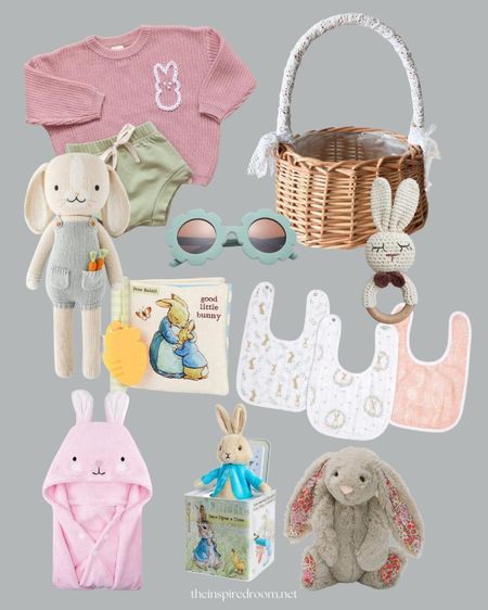 Easter basket ideas and spring gift guide - bunny embroidered sweater, bunny doll, floral sunglasses, woven basket with lace trim, teether rattle, rabbit hooded towel, jack in the box, floral rabbit jellycat stuffed animal 

#LTKGiftGuide #LTKSeasonal #LTKkids