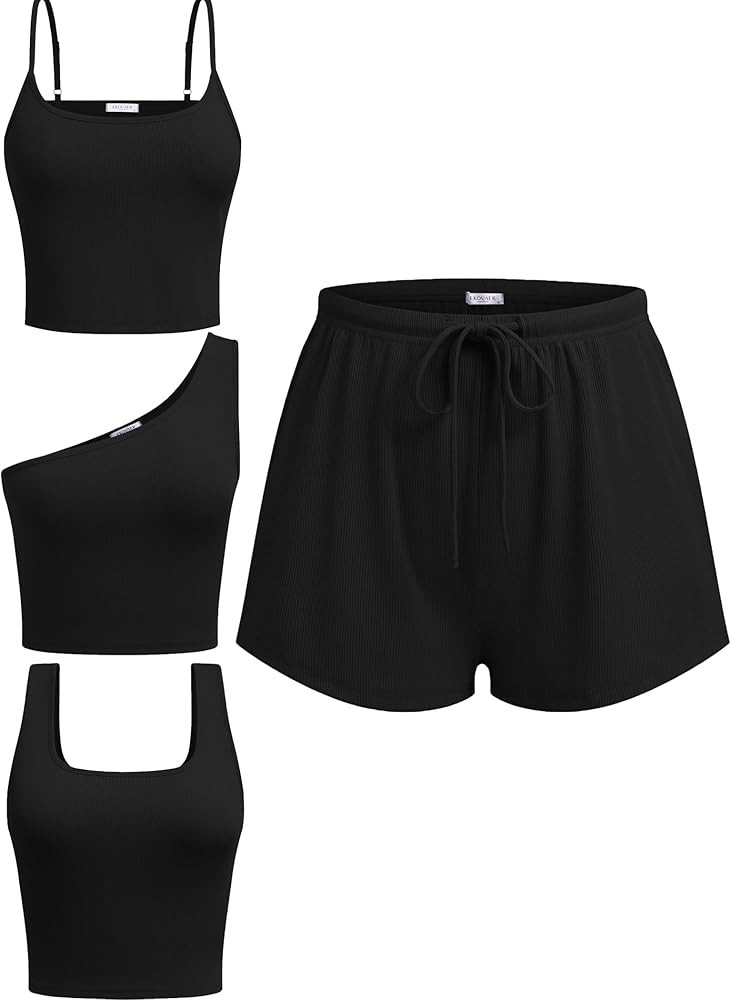 Ekouaer 4 Piece Outfits Crop Tank Top Elastic Waist Shorts Pajama Set Casual Lounge Sets for Dail... | Amazon (US)