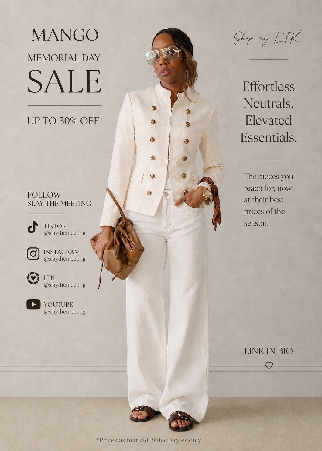 Neutral tones, tailored details, and effortless elegance… this Mango look is giving luxury vacation energy with a corporate chic twist. The military-inspired jacket paired with wide-leg denim creates the perfect elevated neutral moment for summer dinners, rooftop nights, and stylish weekend plans.

Memorial Day Sale is live with up to 30% off with code Sale30. Shop my LTK for all outfit details and links.

#LTKootd #LTKMidsize #LTKOver40
