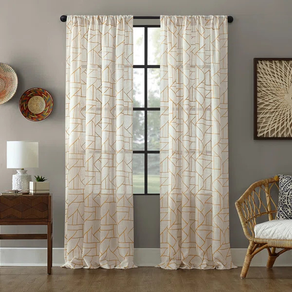 Burston Archaeo Capri Jigsaw Embroidery Linen Blend Semi-Sheer Rod Pocket Curtain Panel | Wayfair North America
