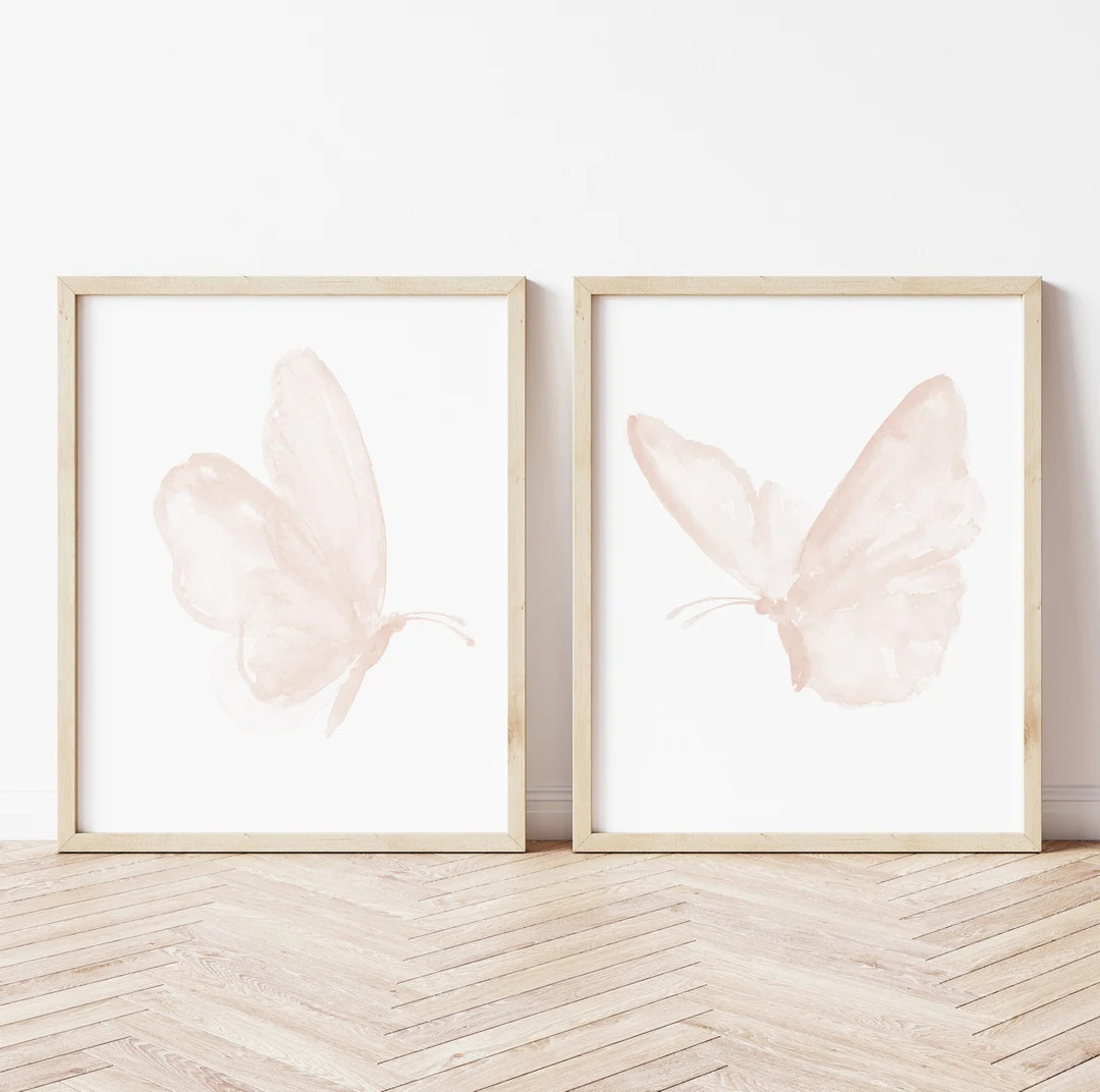 Pink Butterfly Painting, Blush Pink Butterflies, set of 2 Minimalist Poster, Abstract Watercolor,... | Etsy (Global)