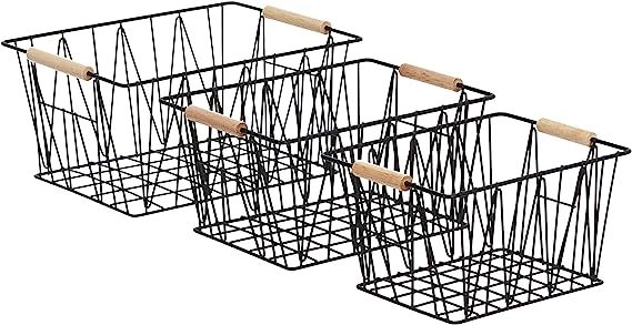 Amazon Basics Rectangular Wire Storage Baskets, Set of 3, Black | Amazon (US)