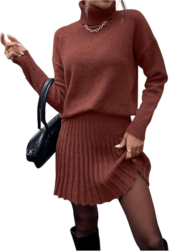 MakeMeChic Women's Sweater Skirt Sets 2 Piece Outfits Ribbed Knit Mock Neck Sweater Pullovers A L... | Amazon (US)