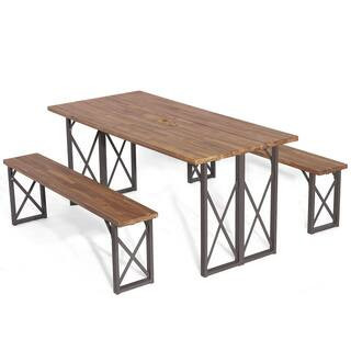 3-Piece Wood Picnic Table Bench Set Outdoor Dining Set Camping Table with Seat and 2"" Umbrella Hole | The Home Depot