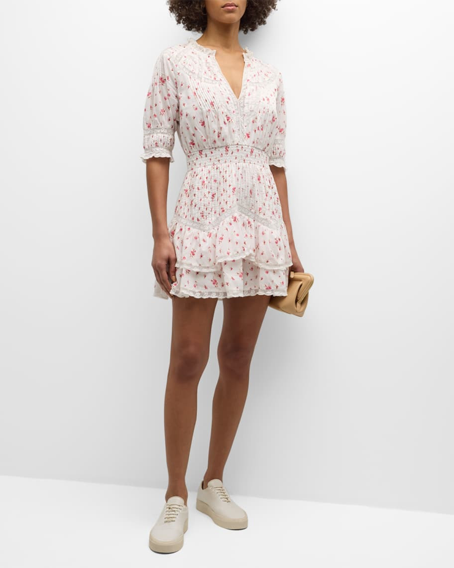 LoveShackFancy Clovis Floral Cotton Tiered Lace Mini Dress | Neiman Marcus