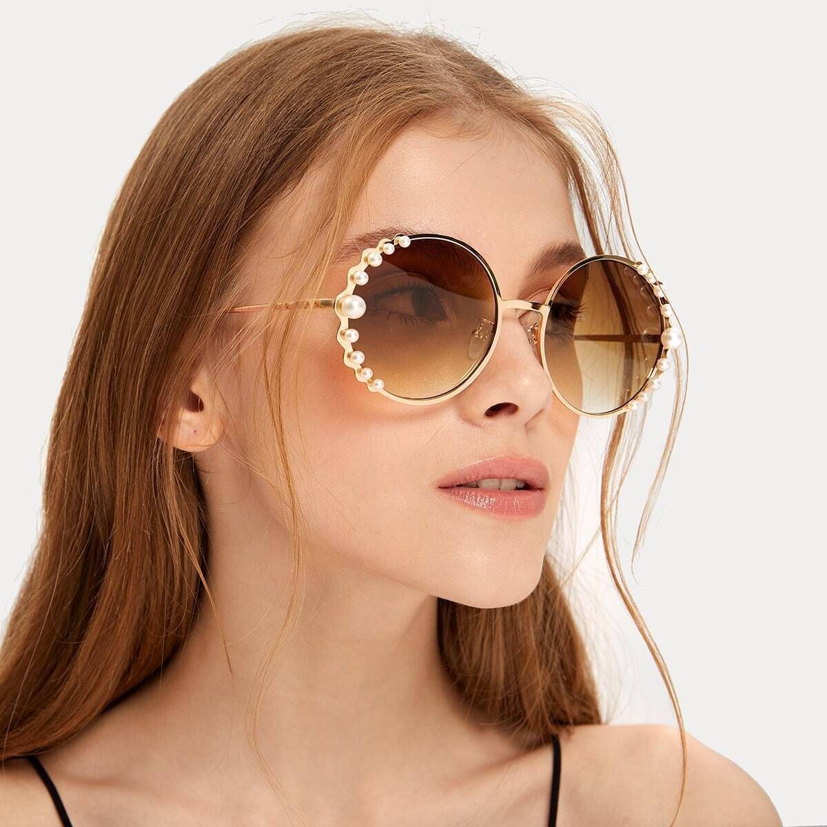 Faux Pearl Decor Round Frame Sunglasses | SHEIN