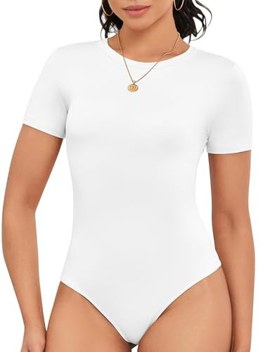 White Short Sleeve Bodysuits for Women Sexy Casual Slimming Tank Tops Clothing Dating Party Night Shirts (White Large) | Amazon (US)