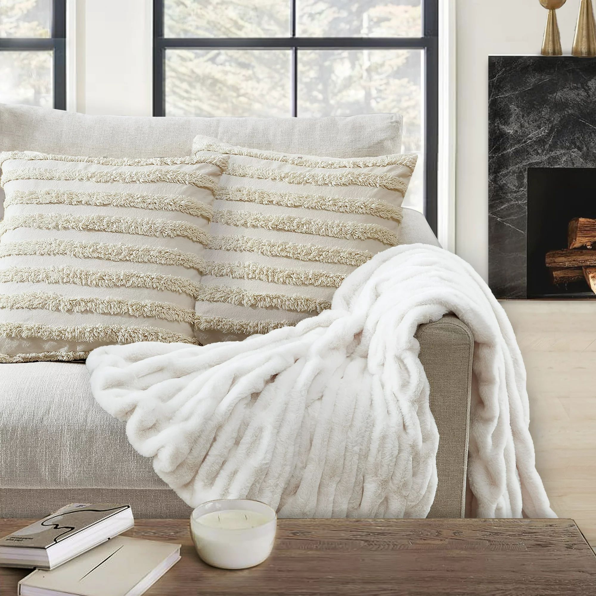 Better Homes & Gardens Ruched Faux Fur Throw Blanket, White, Standard Throw | Walmart (US)