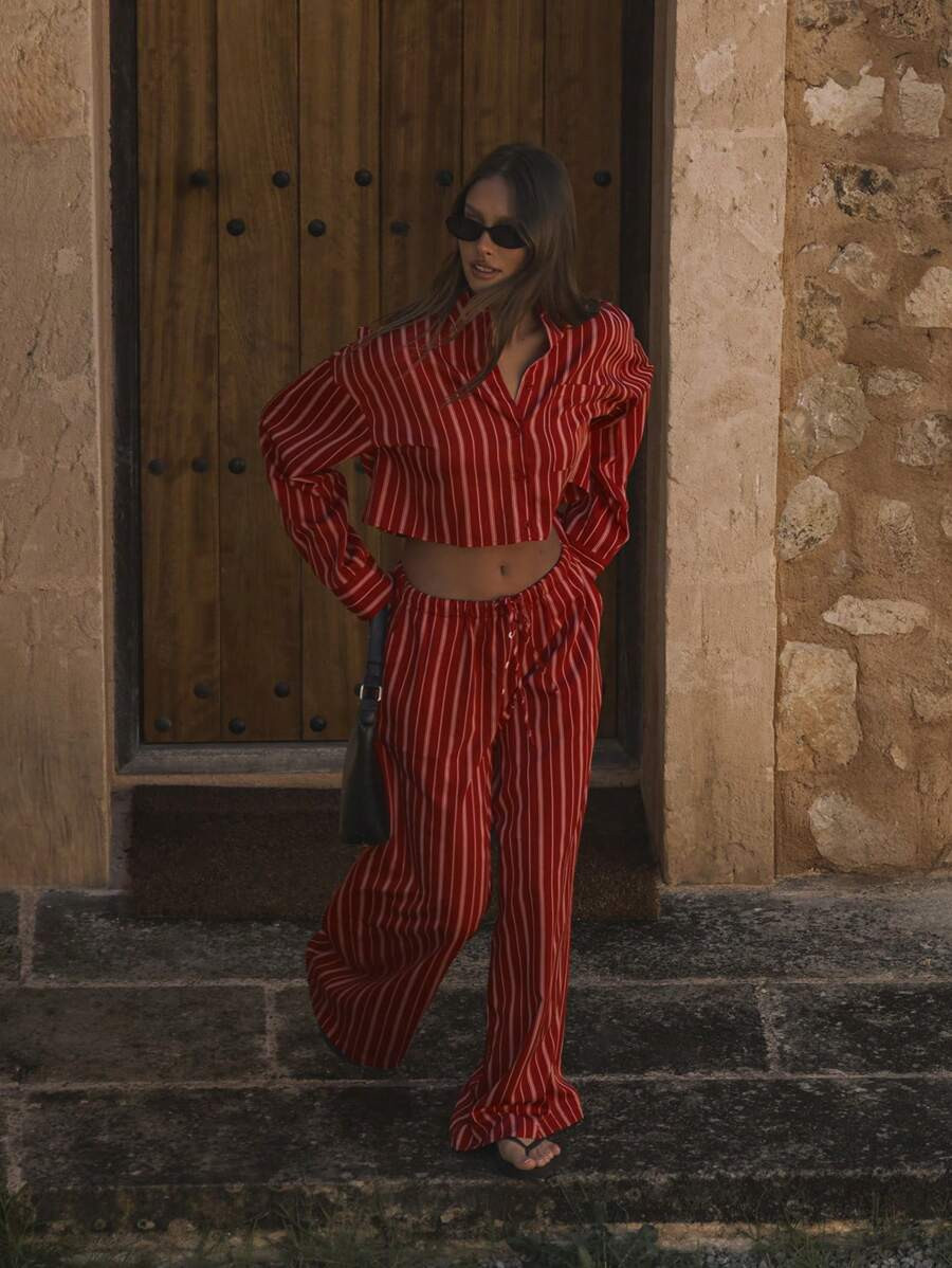 MUSERA Mid Rise Drawstring Waist Wide Leg Trousers Only Spring Summer Cute Vacation Stripe Elegan... | SHEIN