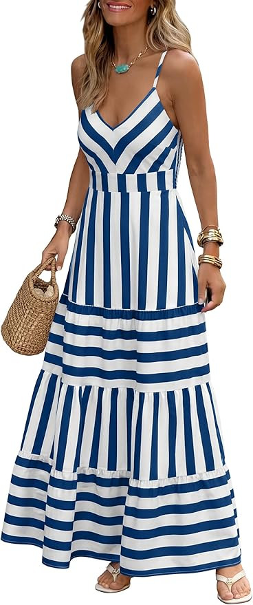 Caracilia Summer Maxi Dresses for Women Gingham Spaghetti Strap V Neck A Line Casual Long Dress 2... | Amazon (US)