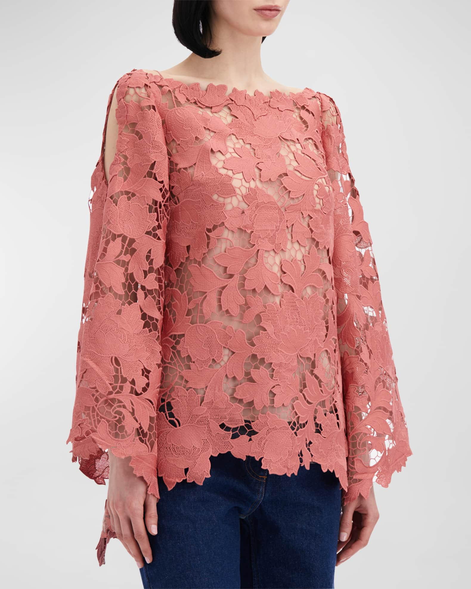 Oscar de la Renta Cold-Shoulder Peony Guipure Blouse | Neiman Marcus