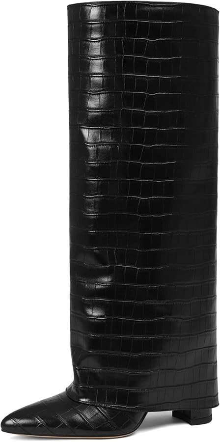 Lyrisiphy Knee High Slouchy Boots Women Fold Over Chunky High Heeled Wide Calf Boots Pointed Toe ... | Amazon (US)