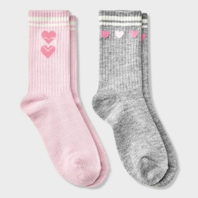 Girls' 2pk Heart Crew Socks - Cat & Jack™ Pink/Gray M | Target