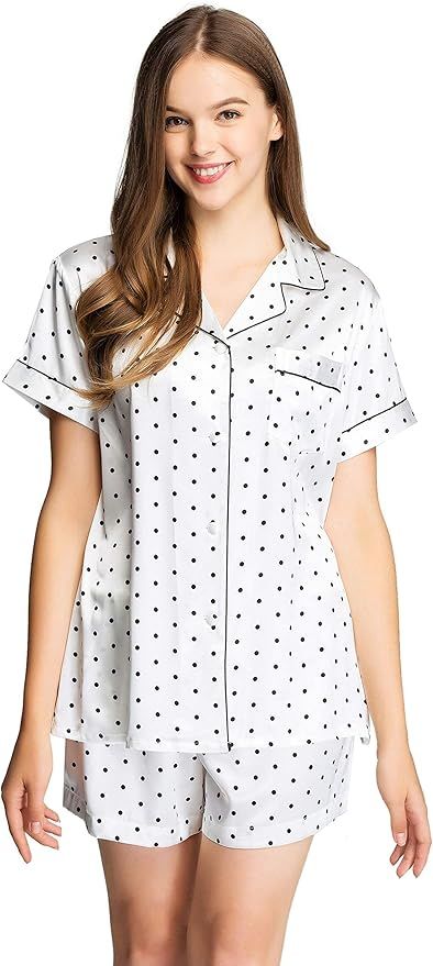 LONXU Womens Silk Satin Pajamas Set Two-piece Button-Down Pj Sets Sleepwear Loungewear XS~3XL | Amazon (US)