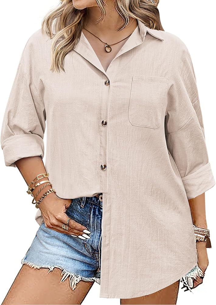 IN'VOLAND Womens Plus Size Linen Button Down Shirts Long Sleeve Cotton Casual Collared Shirt Loos... | Amazon (US)