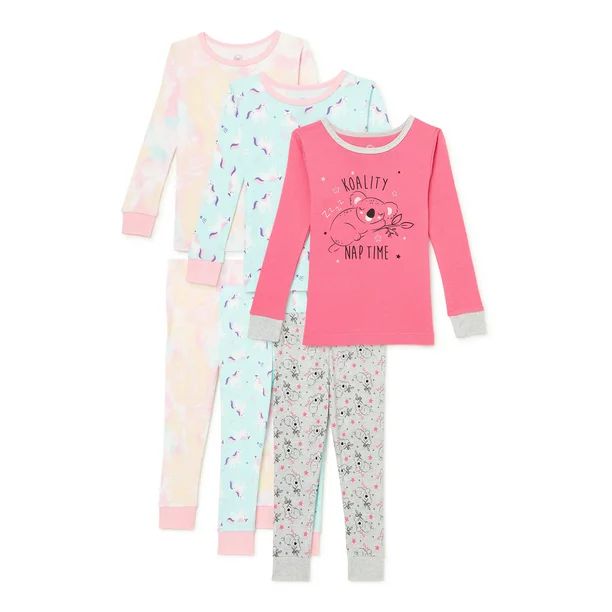 Wonder Nation Baby and Toddler Girl Long Sleeve Snug Fit Cotton Pajamas, 6-Piece Set, Size 12M-5T | Walmart (US)