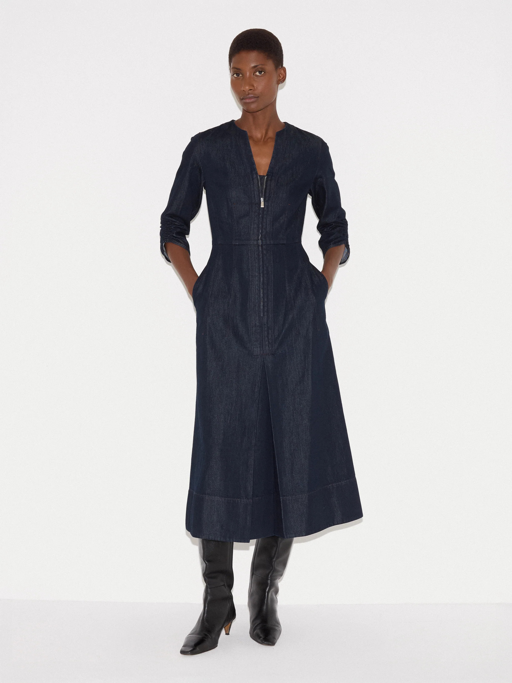 Chambray Zip Front Midi Dress | Indigo | Jigsaw (UK)