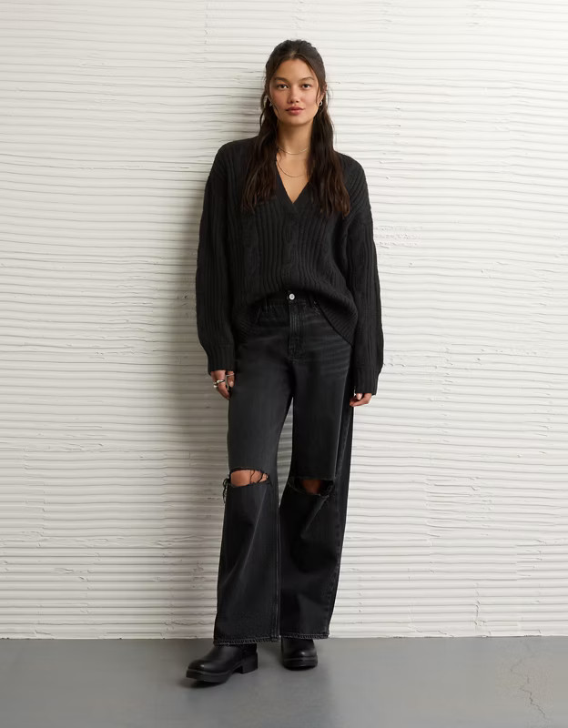 AE Whoa So Soft Notch Neck Cable Sweater | American Eagle Outfitters (US & CA)