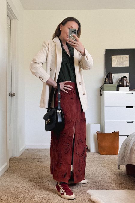 Preppy chic and ready for anything:  Sézane eyelet embroidery skirt in terracotta red + pinstripe blazer, Zadig & Voltaire cotton blouse + Golden Goose red sneakers + Gucci horsebit bag (all linked as is & similar styles)

#LTKstyletip #LTKparties #LTKSeasonal