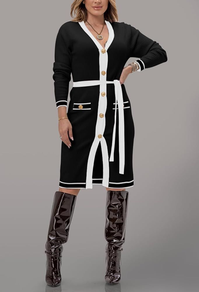 Women's V Neck Button Bodycon Midi Knit Sweater Dress Long Cardigan Sweaters Dresses with Pocket | Amazon (US)