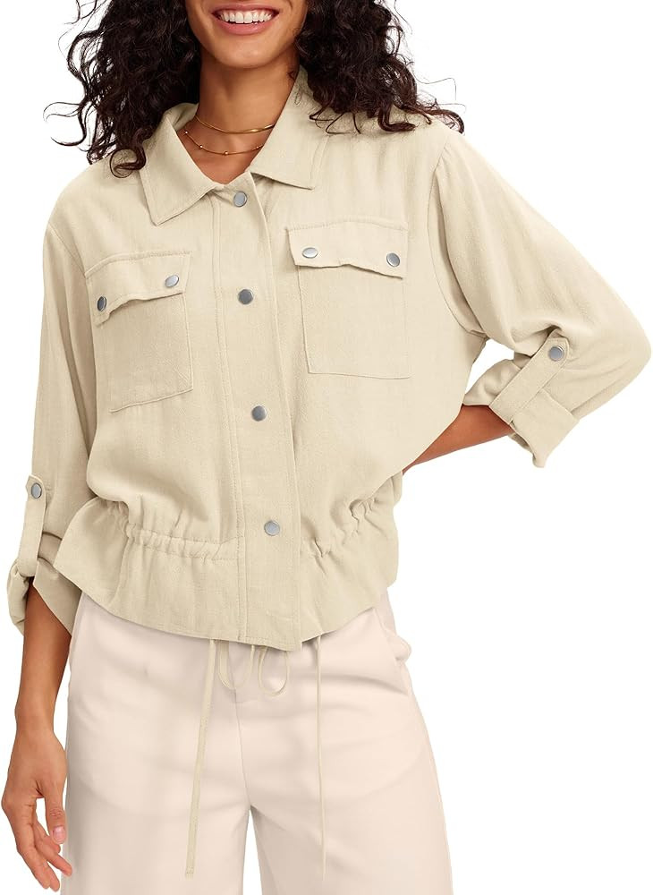 Locachy Women's Casual Lapel Cropped Jacket Lightweight Button Down Short Shirts Blouses Tops wit... | Amazon (US)